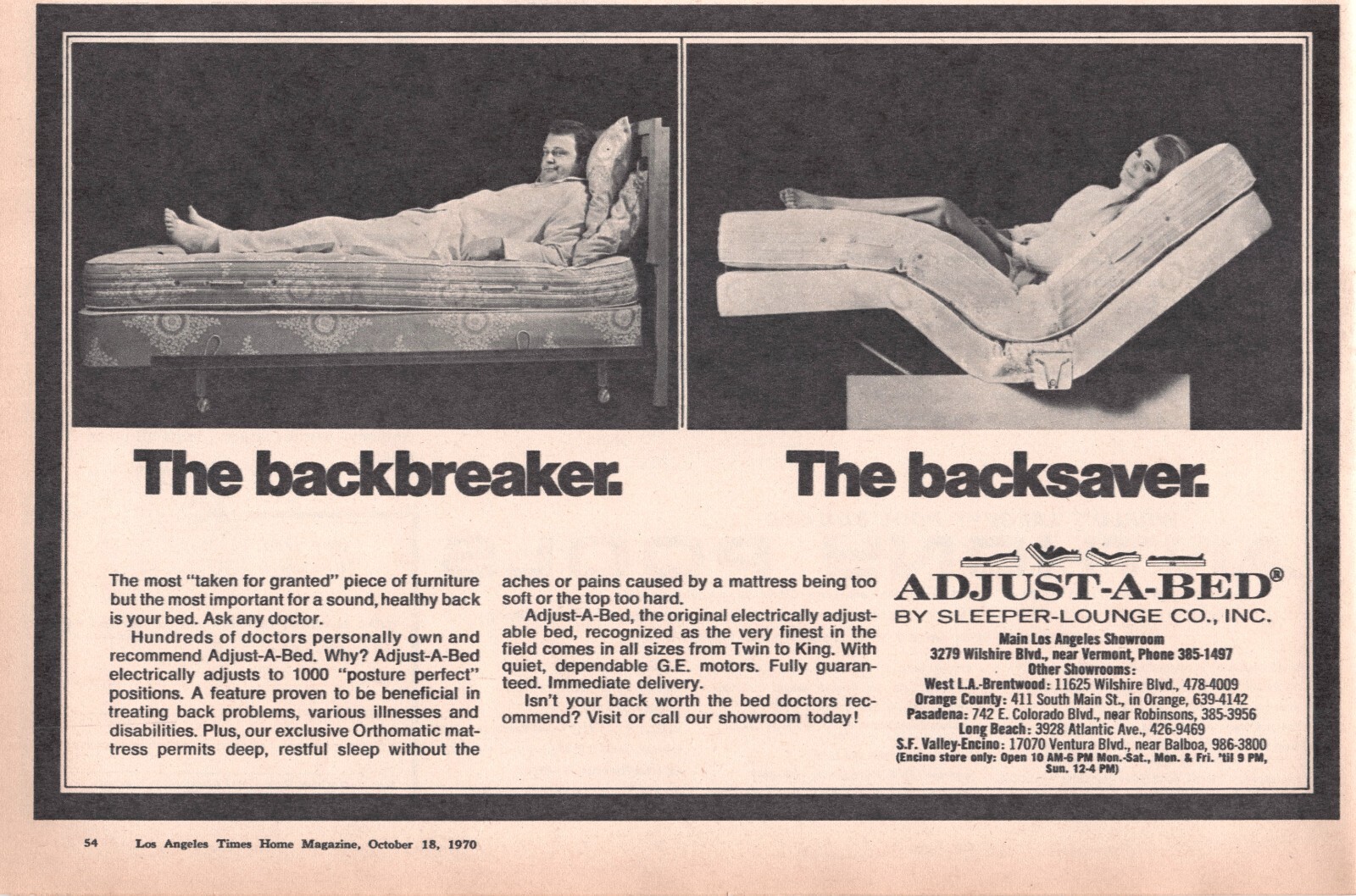 Adjust-A-Bed Sleeper-Lounge Wilshire Blvd Los Angeles CA Vtg Magazine Print Ad