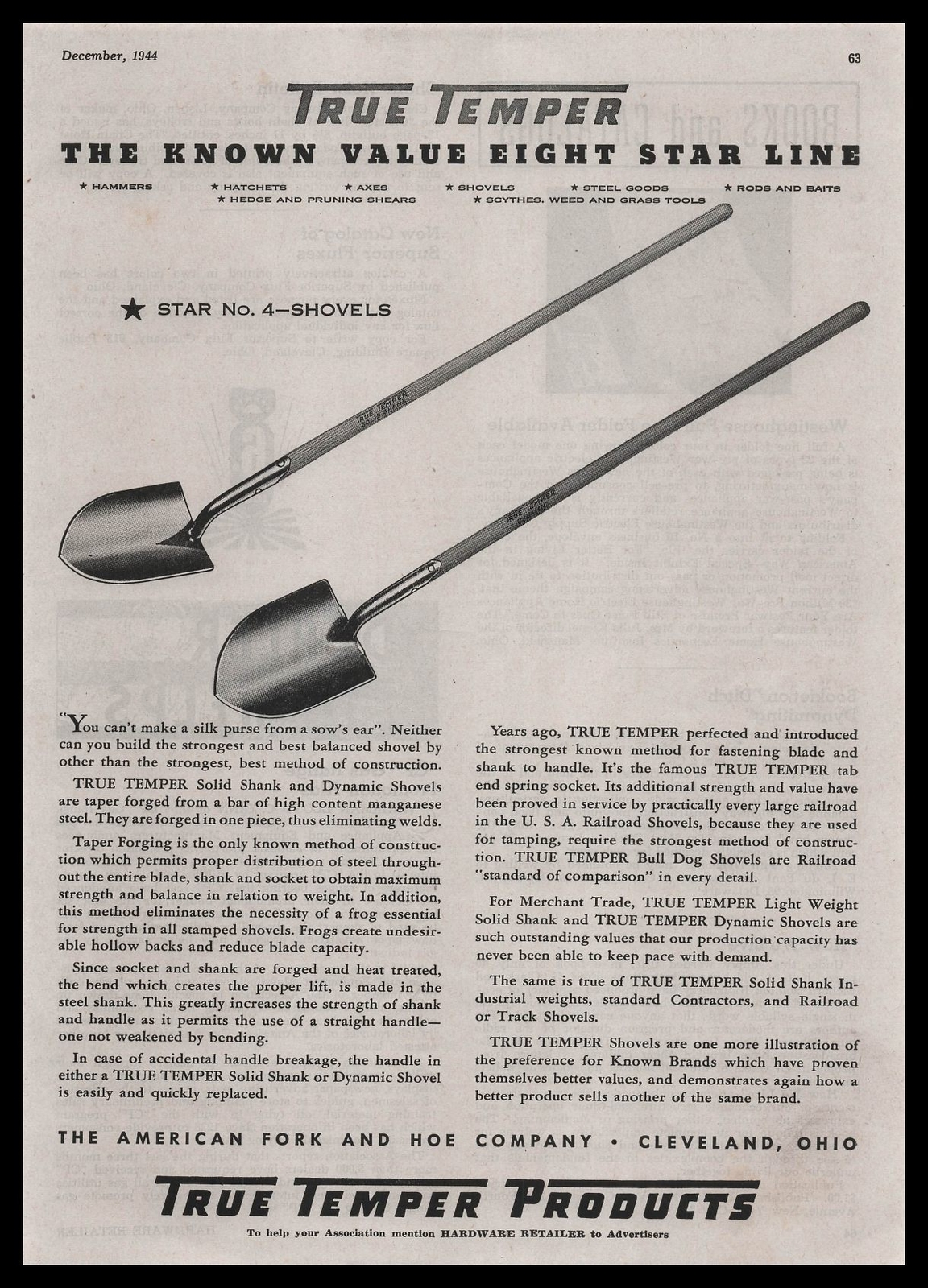 1944 True Temper Cleveland Ohio Star No. 4 Shovel American Fork Hoe Co. Print Ad