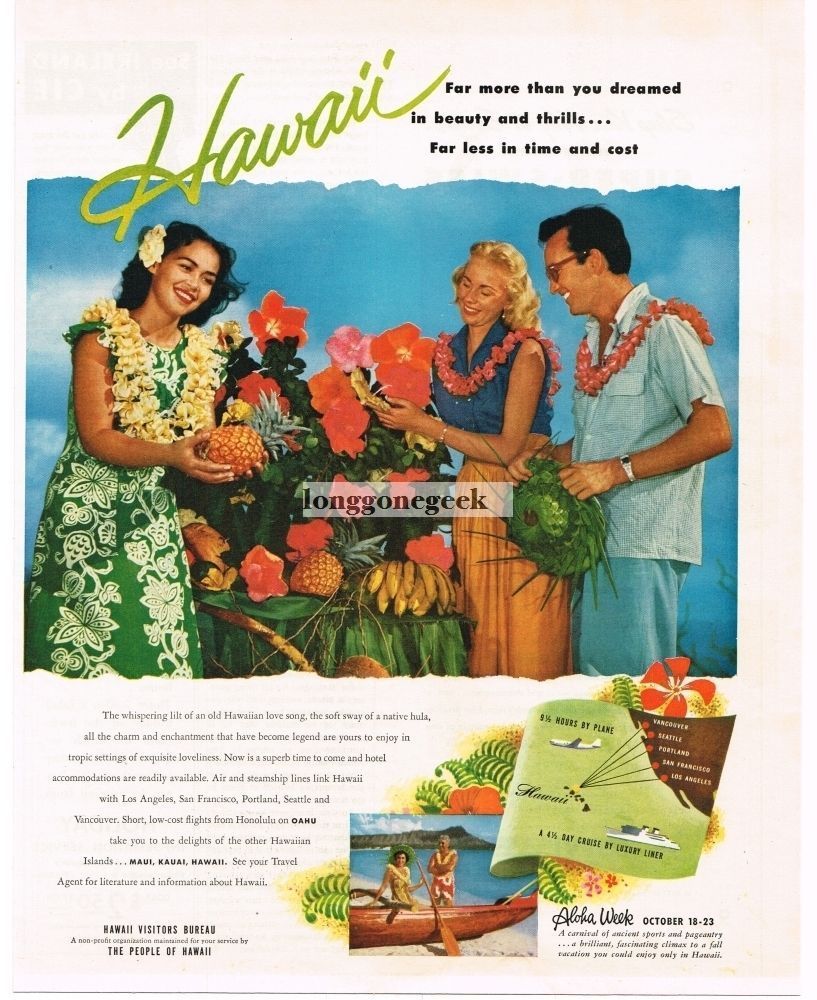 1954 HAWAII VISITORS BUREAU Native Pineapple Flowers PRE-STATEHOOD Vintage Ad