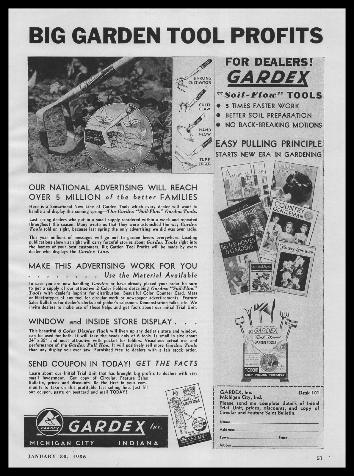 1936 Gardex Michigan City Indiana Culti Claw Cultivator Garden Tools Print Ad