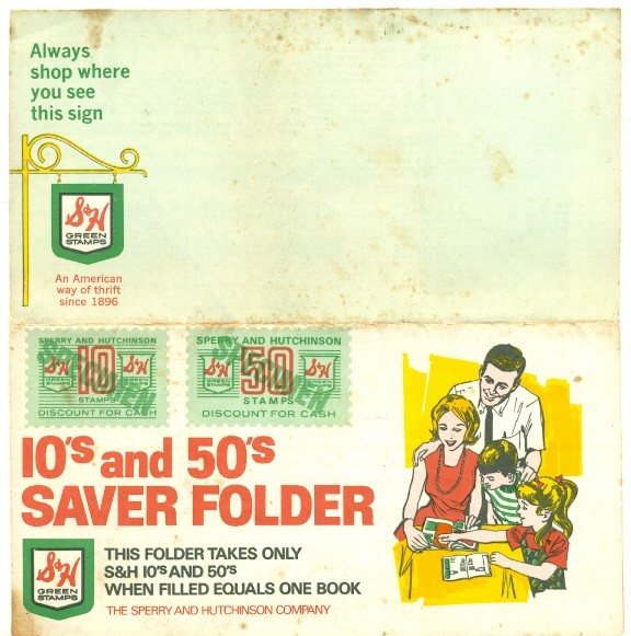 S & H GREEN STAMPS FOLDER – 10’s + 50’s – FILLED – SPERRY AND HUTCHINSON COMPANY