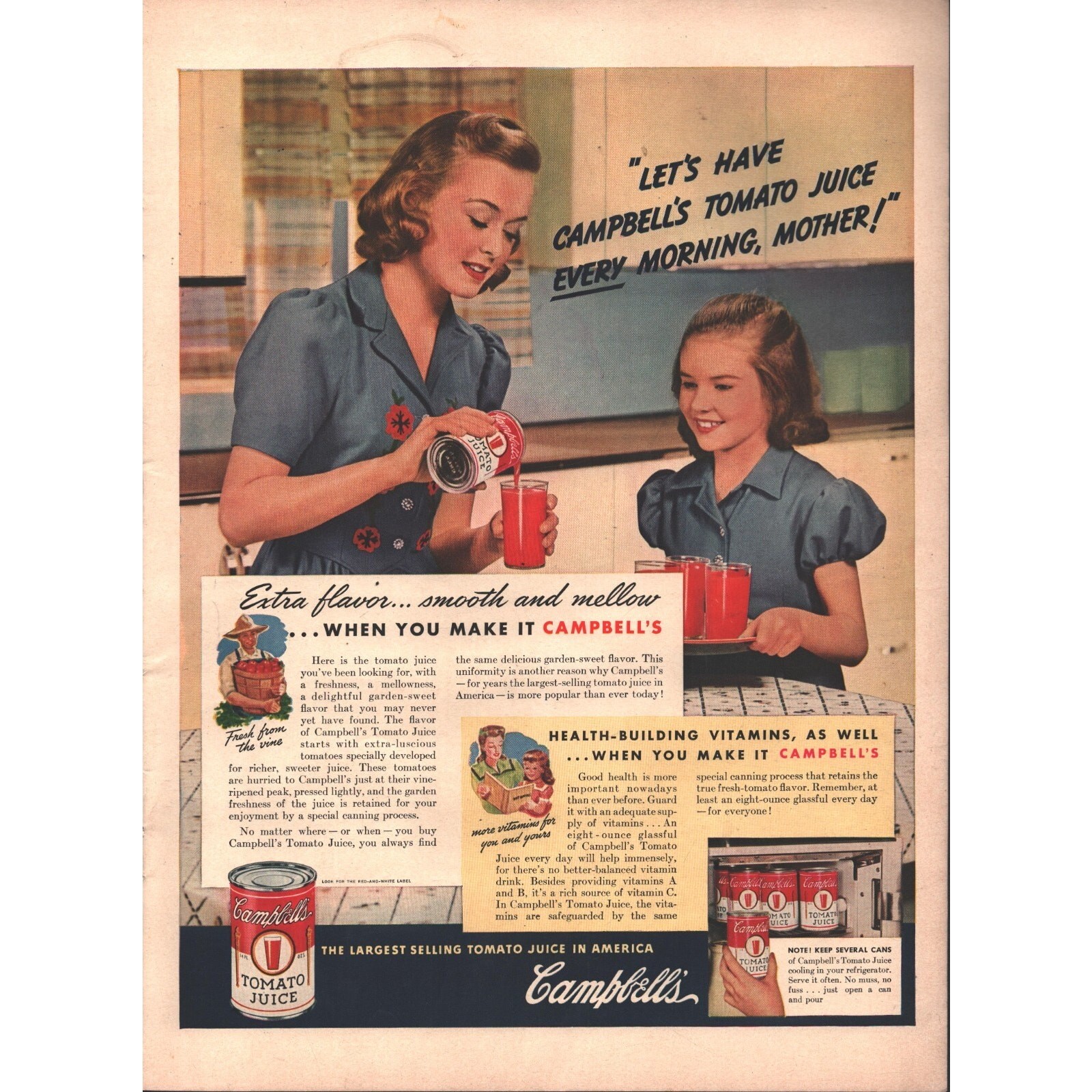 1942 OLD WWII MAGAZINE PRINT AD, CAMPBELL’S TOMATO JUICE, SMOOTH AND MELLOW!