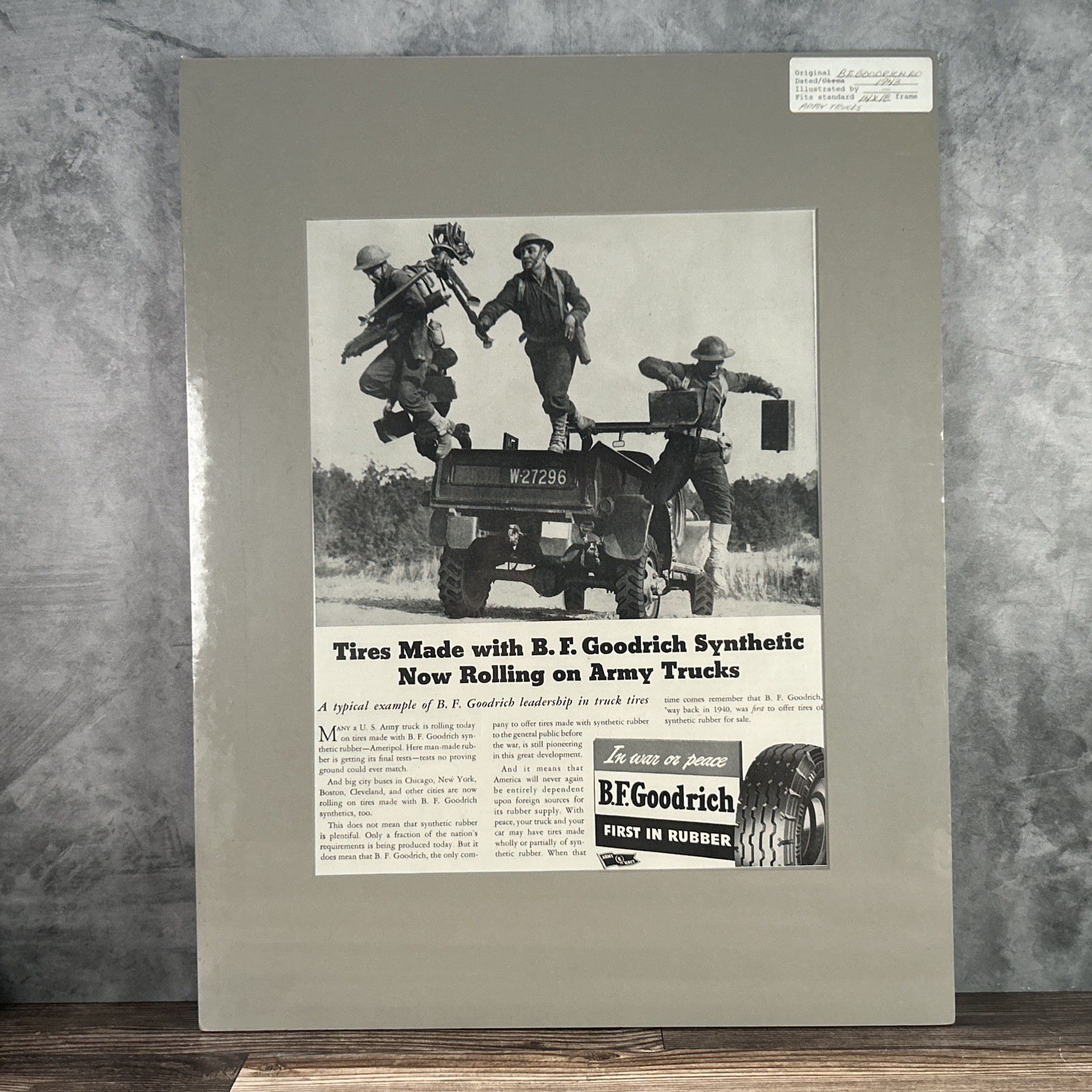 Vintage 1943 BF Goodrich Tires Advertising Print WWII Army Truck Matted 14×18