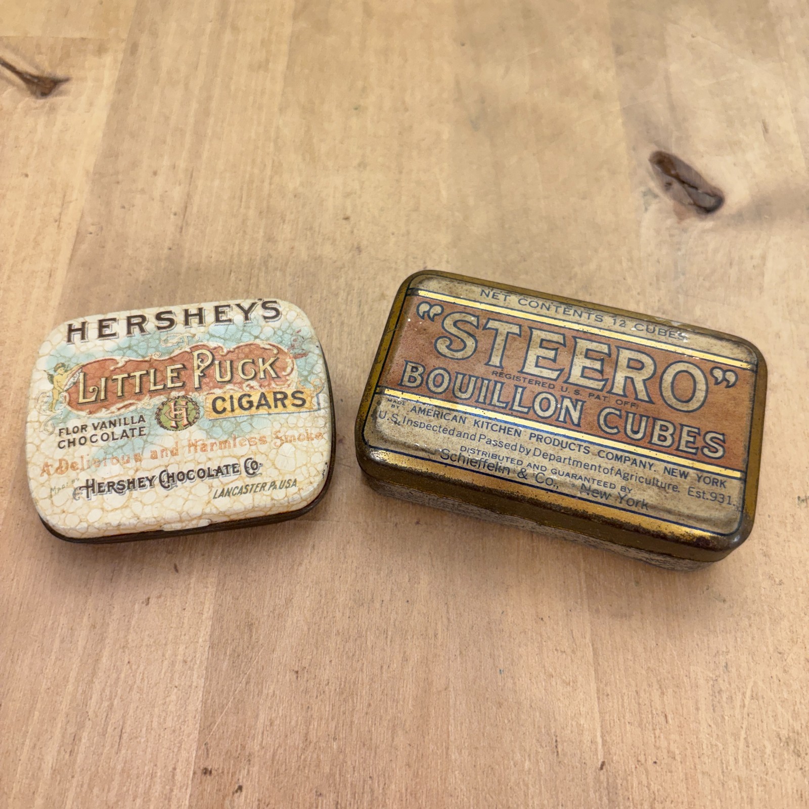 2 Small Vintage Tins, Hershey’s Candy Cigars and Steero Bouillon Cubes WORN