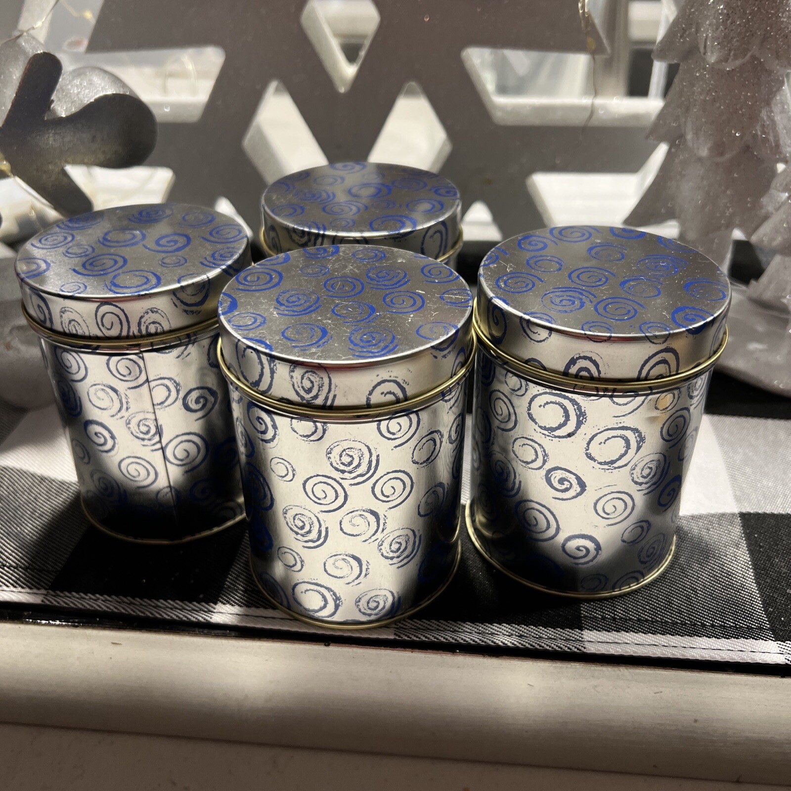 4 VTG Holiday Mini Round Tins (3×4″) Silver & Blue Swirl