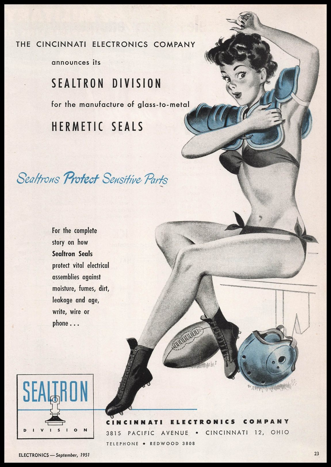 1950 Cincinnati Electronics Sealtron Seal Brunette Bikini Football Pads Print Ad