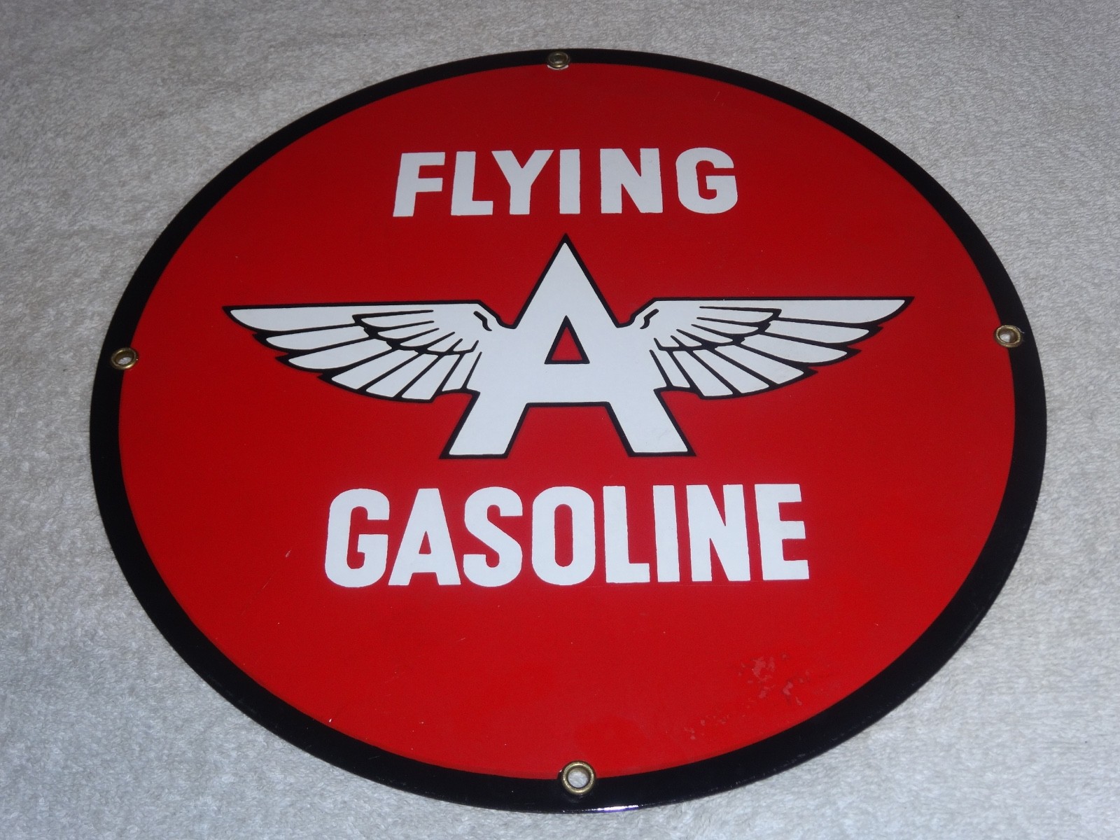 VINTAGE FLYING A GASOLINE “A” WITH WINGS 11″ PORCELAIN METAL OIL PUMP PLATE SIGN