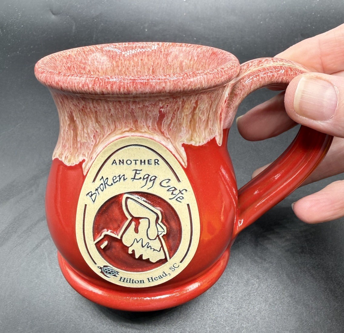 DENEEN Pottery Hand Thrown Red Drip ANOTHER BROKEN EGG CAFE Mug Hilton Head New