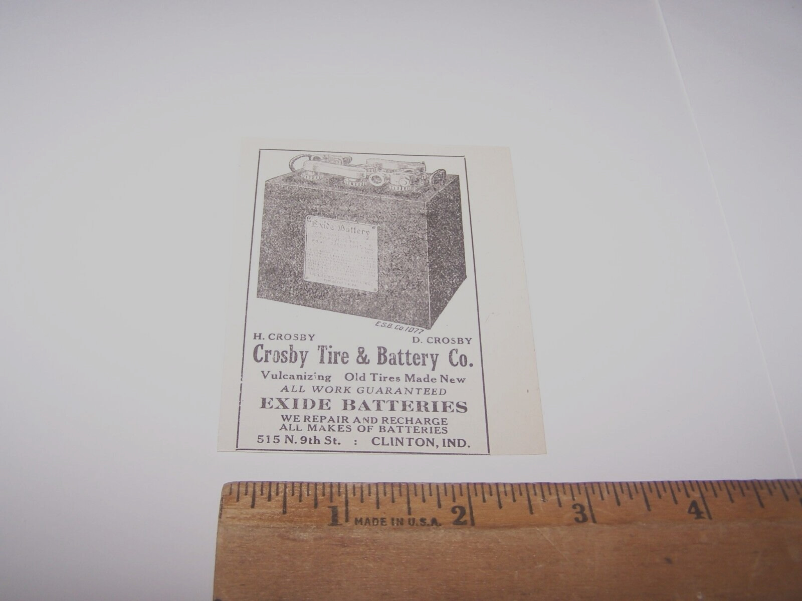 1920 CROSBY TIRE & BATTERY CO Paper Ad CLINTON INDIANA
