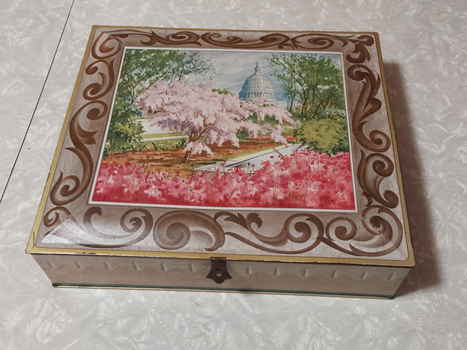 Vtg SUNSHINE BISCUITS Tin Capitol CHERRY BLOSSOMS Washington D.C. Hinged Lid