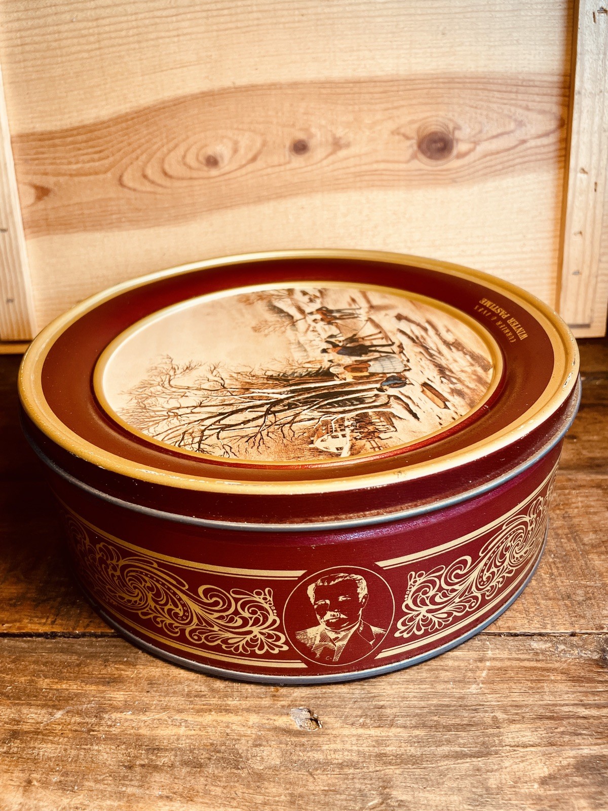 Vintage Currier & Ives “Winter Pastime” 8.5” Cookie Tin Box Red W/Ice Skaters
