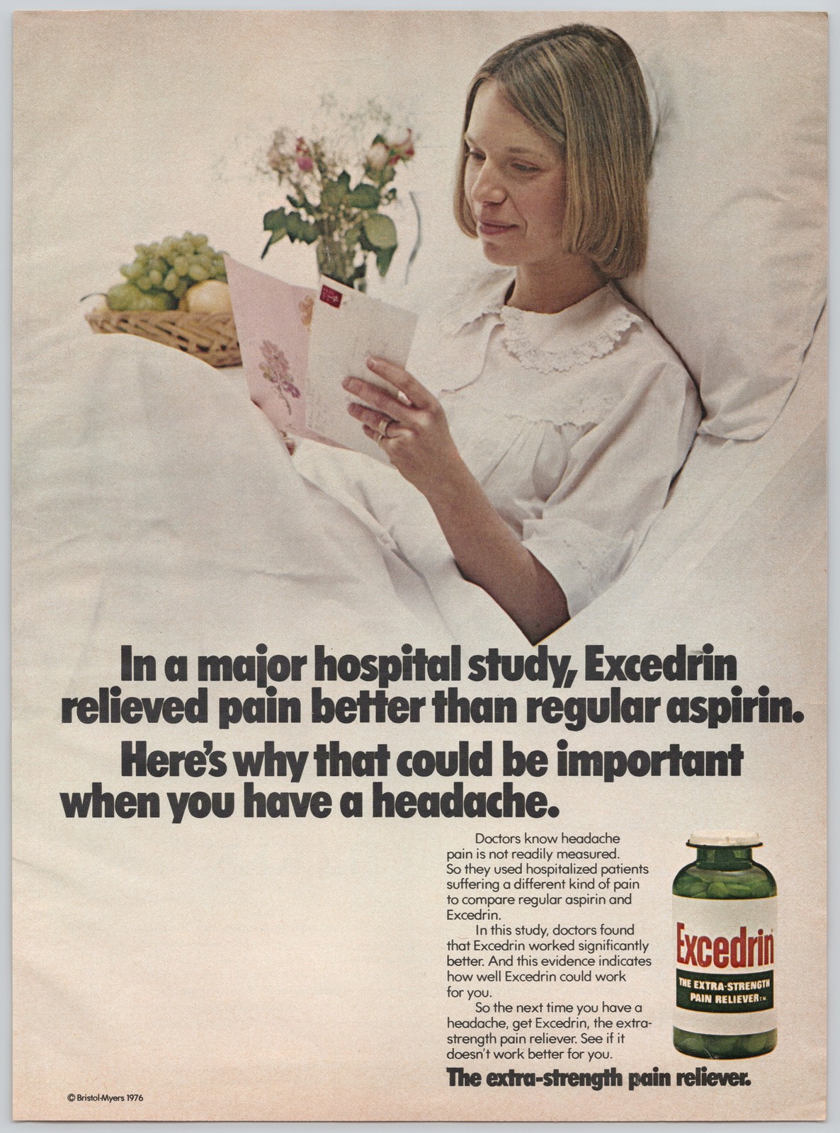 Excedrin Pain Reliever Bristol-Myers Hospital 1976 Vintage Print Ad