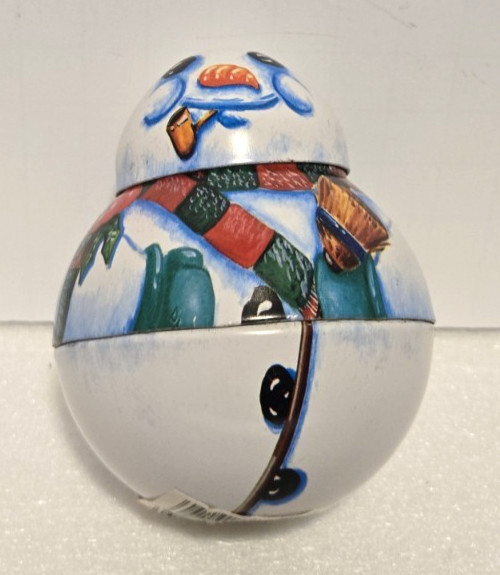 Multicolor Roly Poly Tin Snowman 3 1/2″ Tall. The Tin Box Company of America