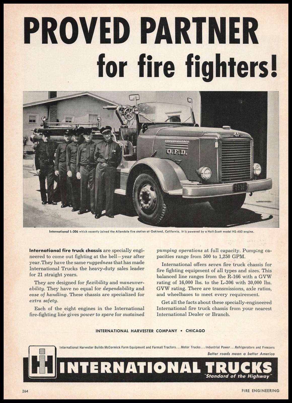 1953 Oakland Fire Department Photo International Harvester L-306 Truck Print Ad