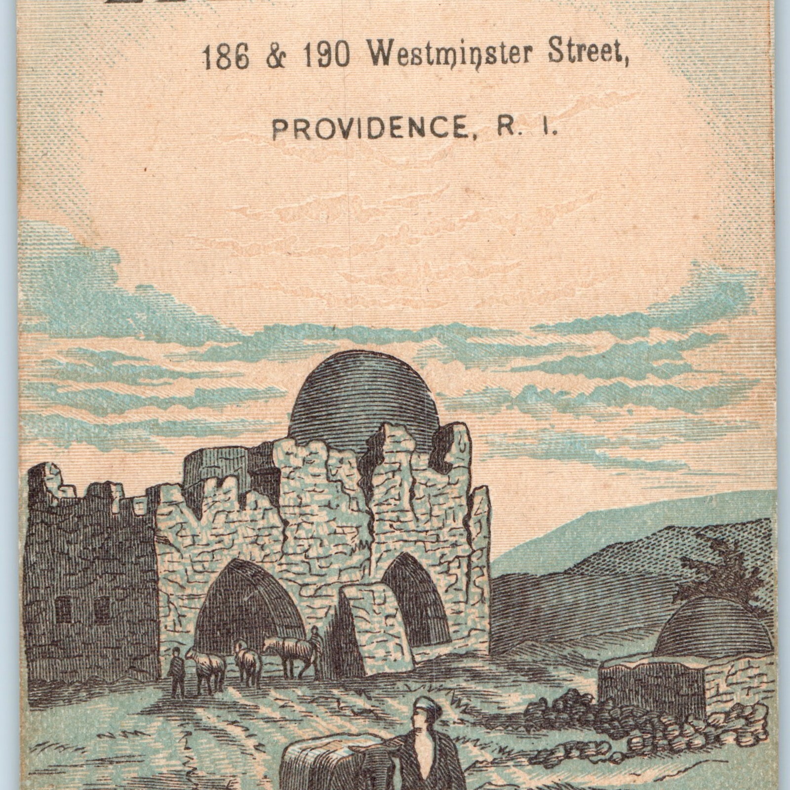 c1880s Eben J Beane Providence RI Trade Card Westminster St Shoes Israel Ruins
