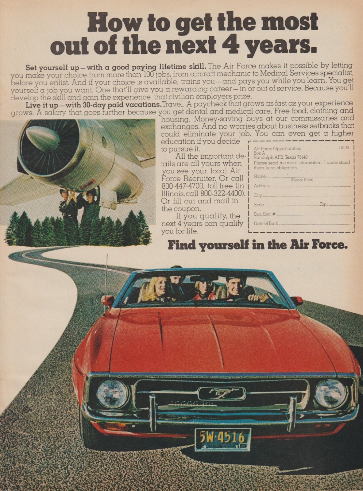 1973 U.S. Air Force – Jet Engine Aircraft Mechanic Ford Mustang – Print Ad Photo