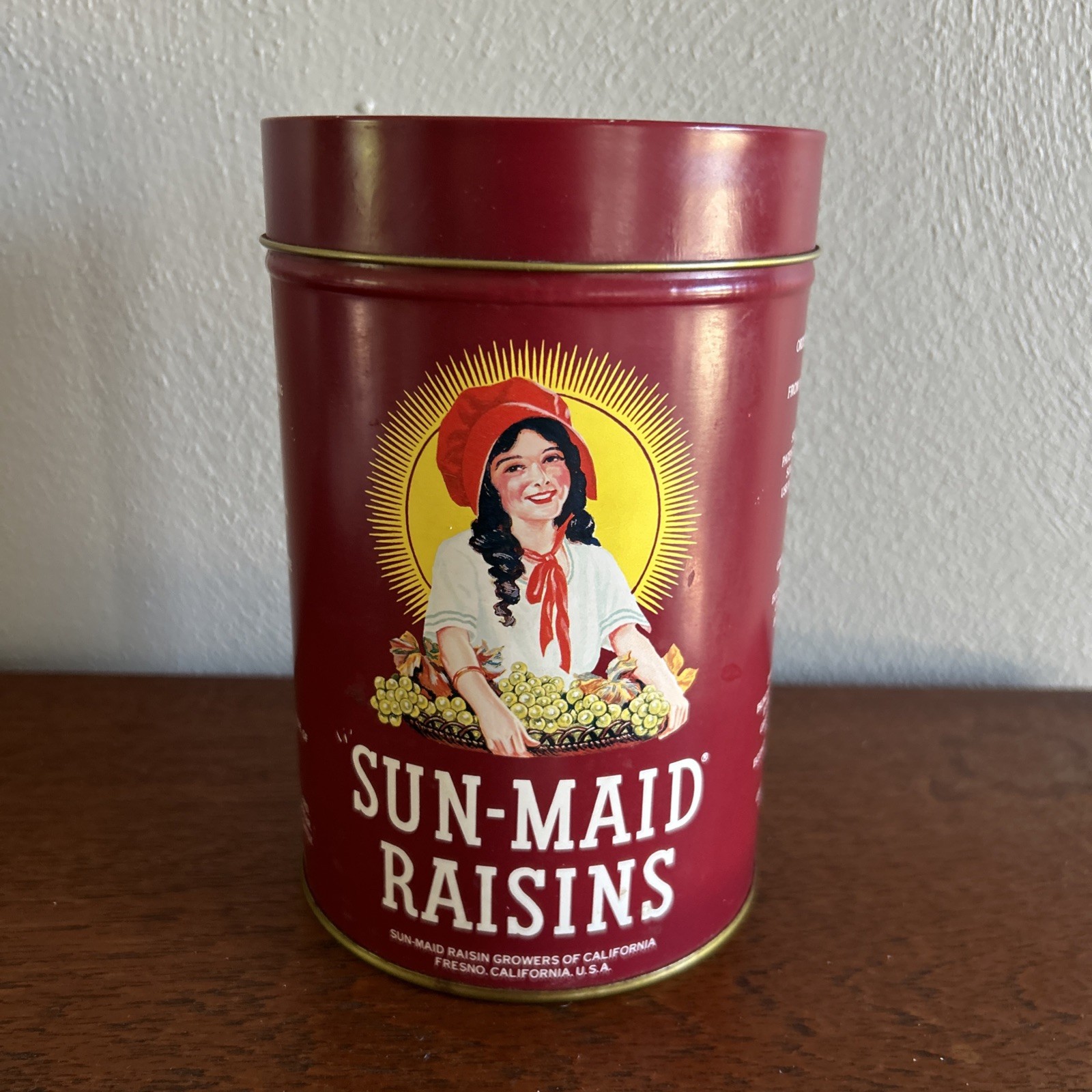 Sun-Maid Raisins Metal Tin Seedless Empty Round Collectible 1935-87 Vintage