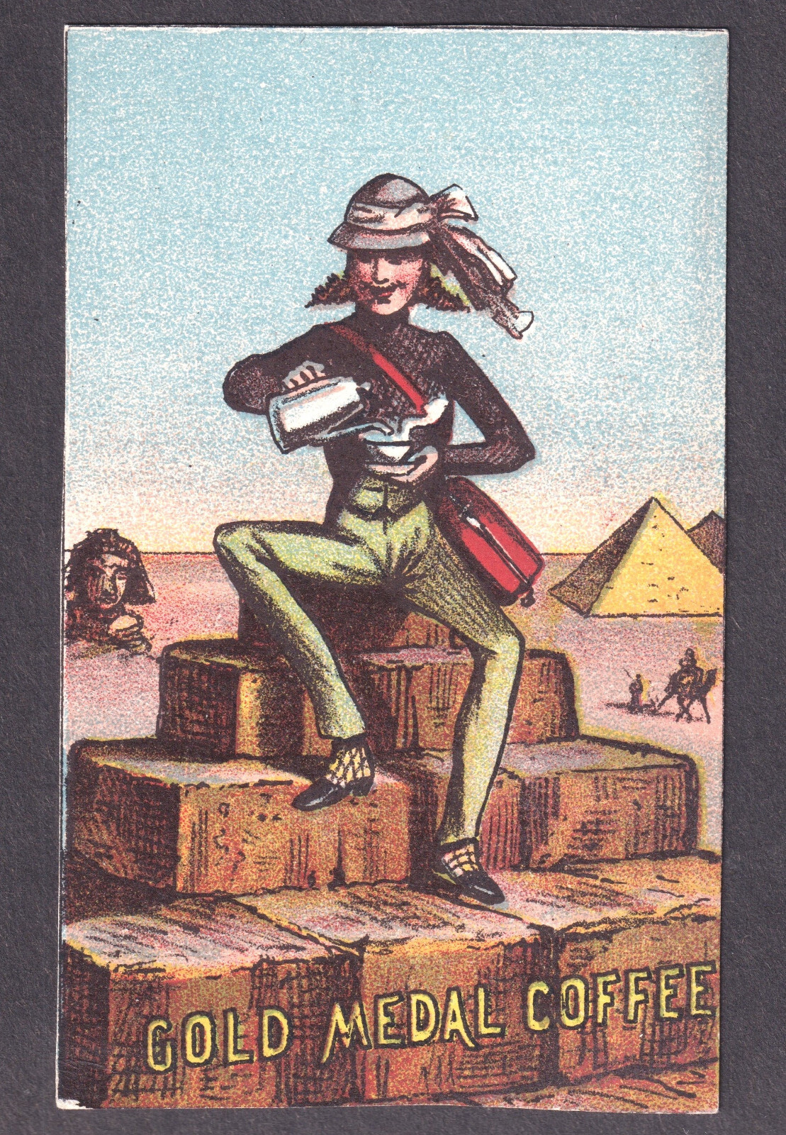 Victorian Tourist Egyptian Pyramid Gold Medal Coffee Pot 19th Century Trade Card