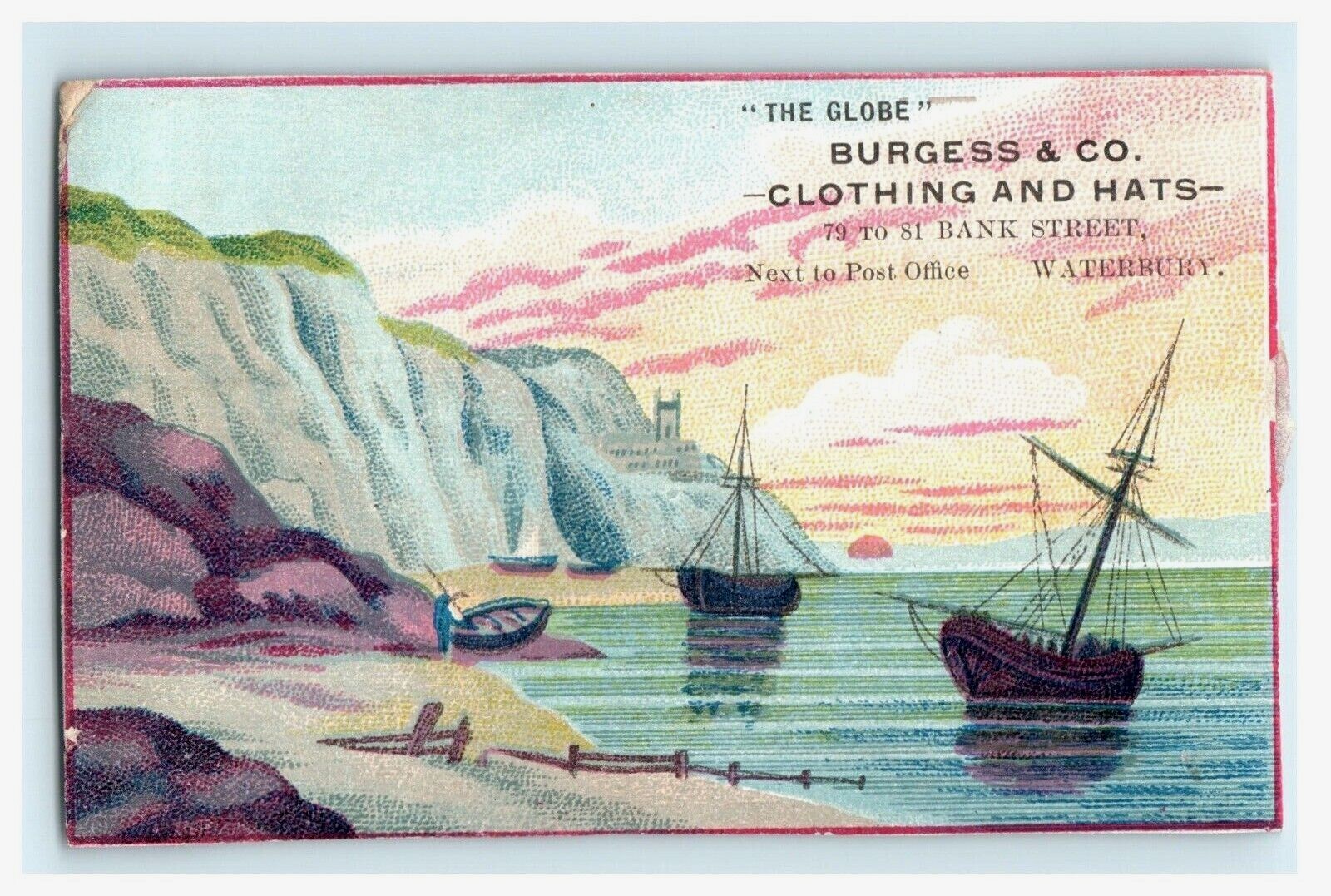The Globe Burgess & Co. Clothing & Hats Waterbury CT – Sailboat Sea Scene