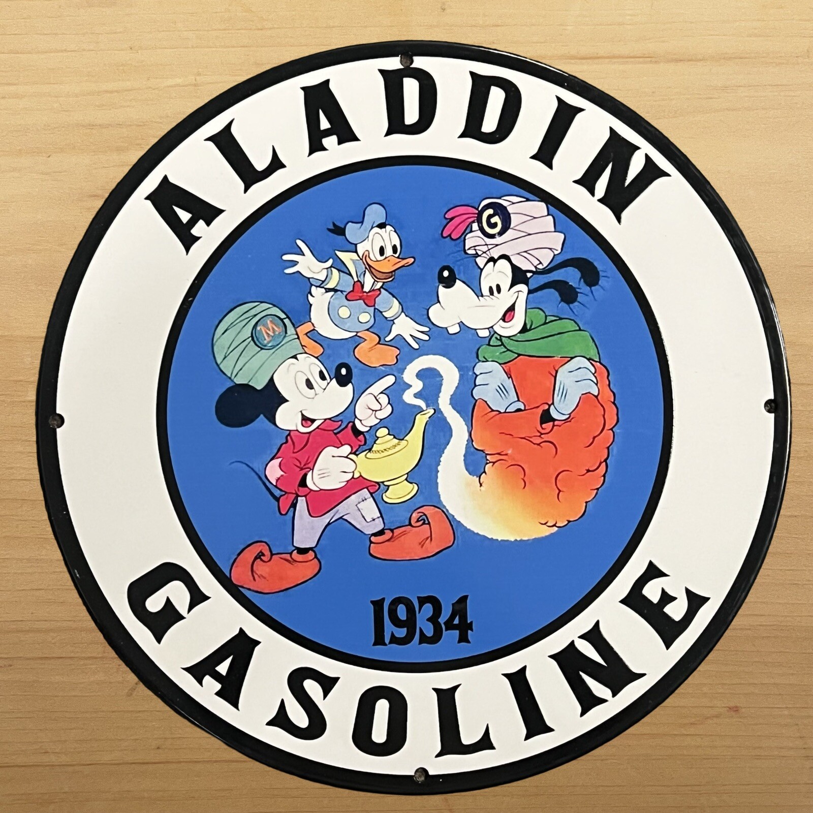 VINTAGE ALADDIN GASOLINE PORCELAIN SIGN DISNEY OIL SERVICE STATION PUMP PLATE