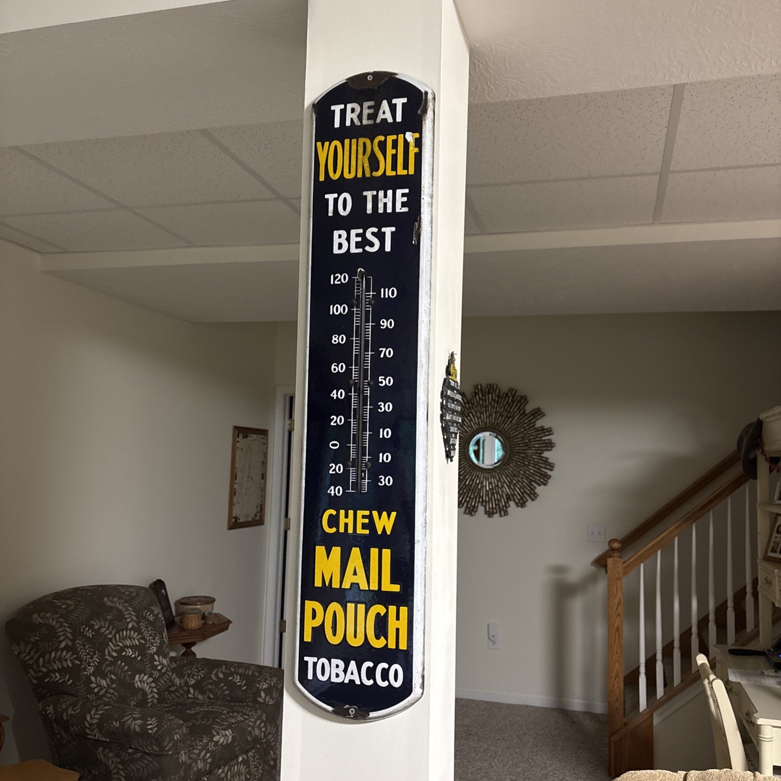Vintage Original Chew Mail Pouch Tobacco 39″ Porcelain/Metal Thermometer Sign