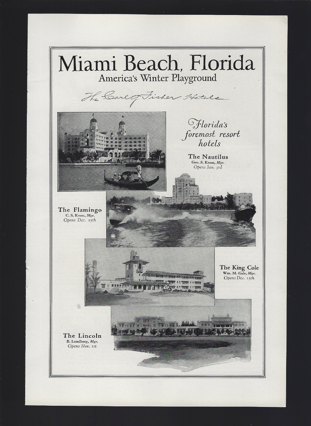 1925 Miami Beach Florida America’s Winter Playground Flamingo Hotels Print Ad