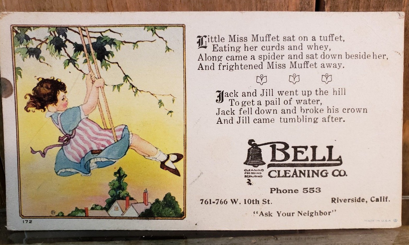 Vintage INK BLOTTER ” Little Miss Muffet” Nursery Rime A BELL CLEANING.
