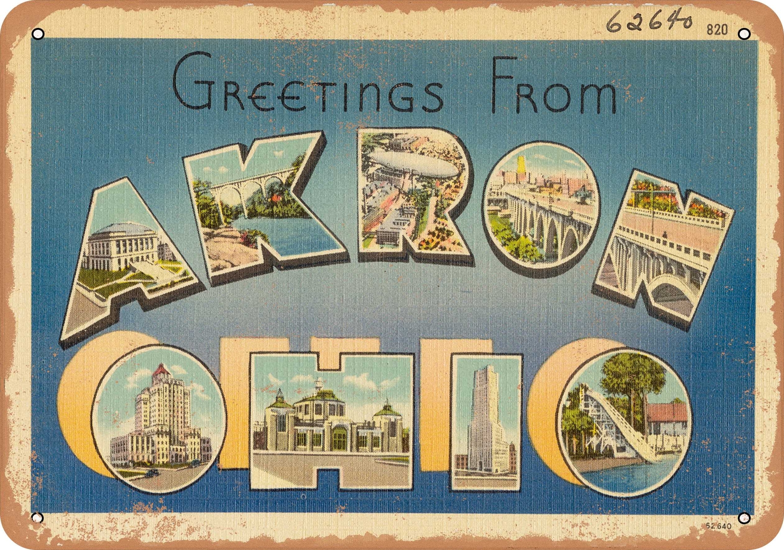Metal Sign – Ohio Postcard – Greetings from Akron, Ohio