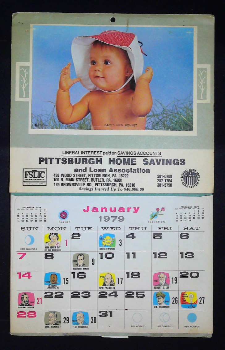 PITTSBURGH HOME SAVINGS 1979 Recipe Wall Calendar Bank Advertising Vintage BABY