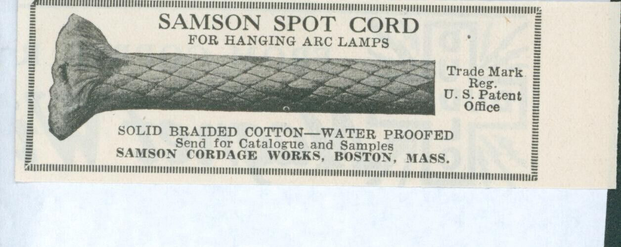 1923 Samson Spot Cord Hanging Arc Lamp Solid Braided Sample Catalog Offer Ad EW1