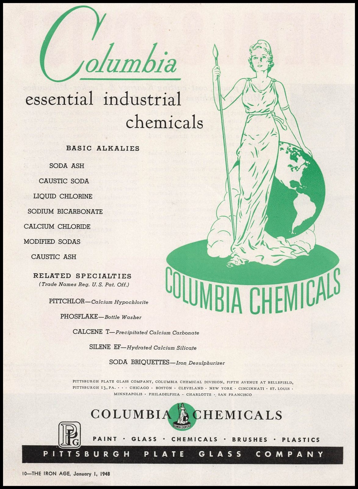 1948 Columbia Industrial Chemicals Goddess Statue Art PPG Co. Vintage Print Ad