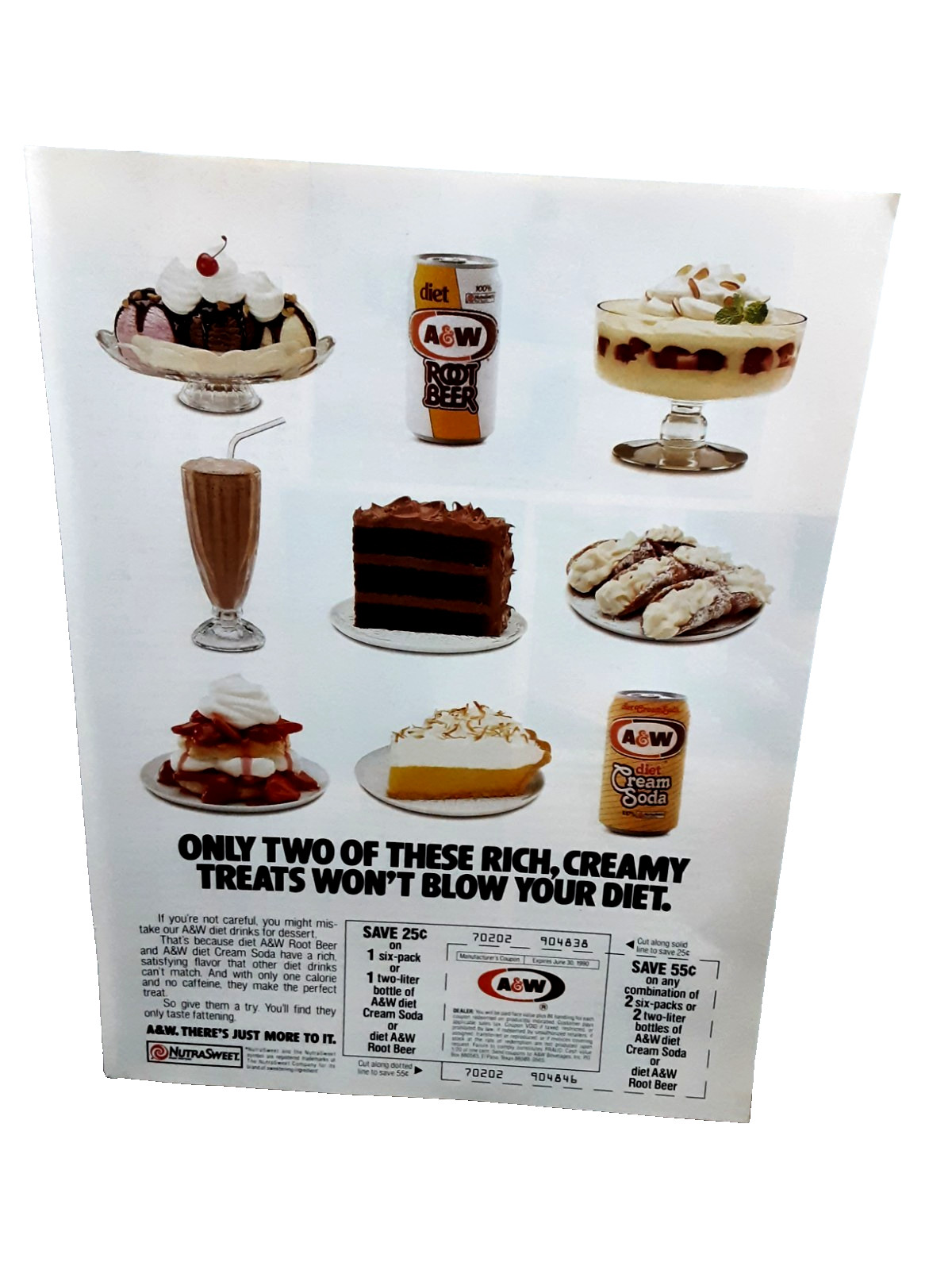1990 A&W Diet Root Beer Cream Soda Print Ad Vintage Advertising