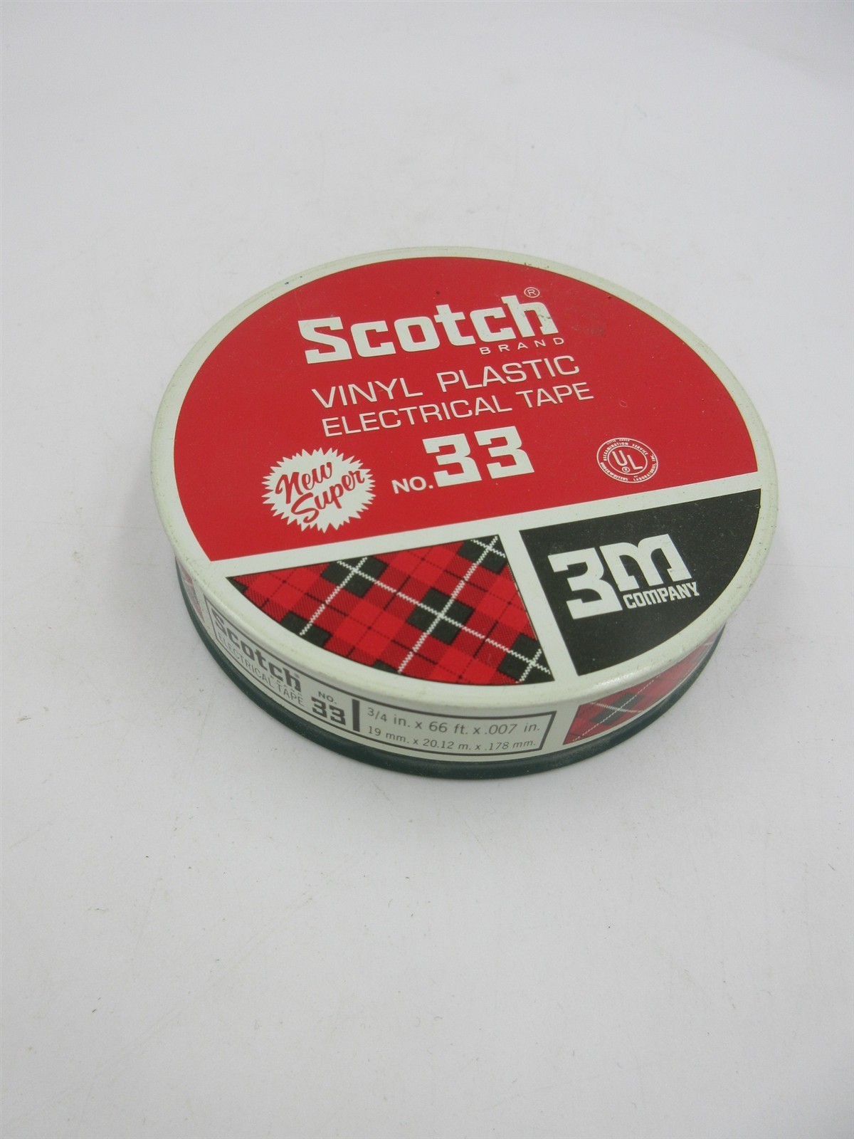 Vintage Plaid Scotch Brand Vinyl Plastic Electrical Tape No. 33 Container Tin 3M