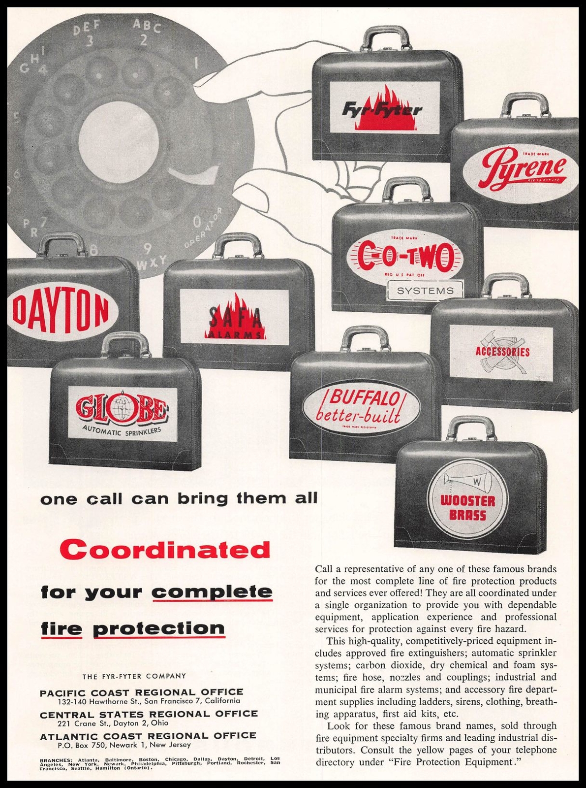 1958 Fyr-Fyter Company San Francisco Safa Fire Alarms Globe Sprinklers Print Ad