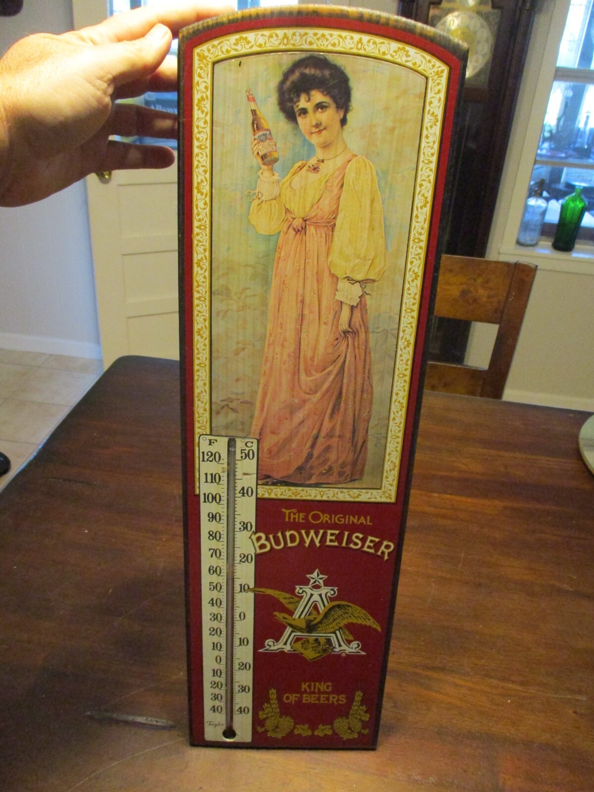 THE ORIGINAL BUDWEISER KING OF BEERS WOODEN THERMOMETER WORKS TAYLOR 24 X 7”
