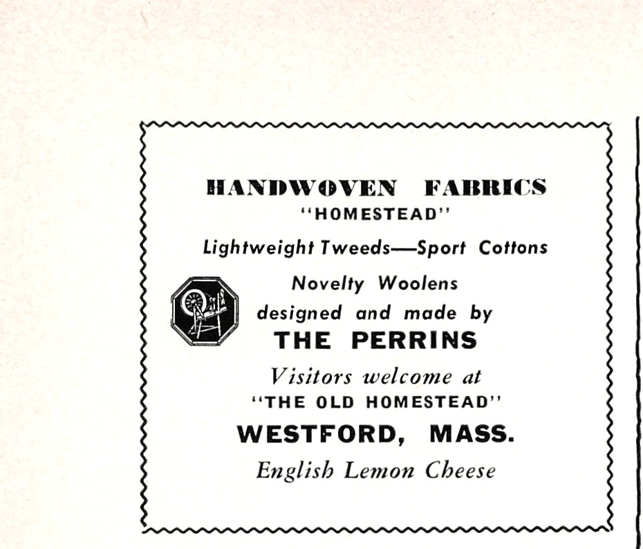 The Perrins Handwoven Fabric Westford MA English Lemon Cheese 3×2.6 Mag Print Ad