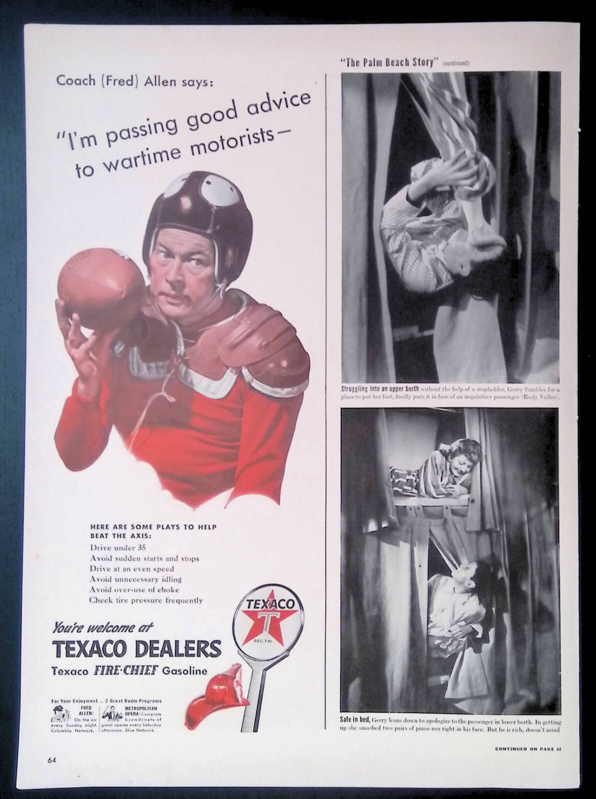 Print Ad 1940’s Texaco Fire Chief Gasoline Coach Fred Allen Wartime Motorists