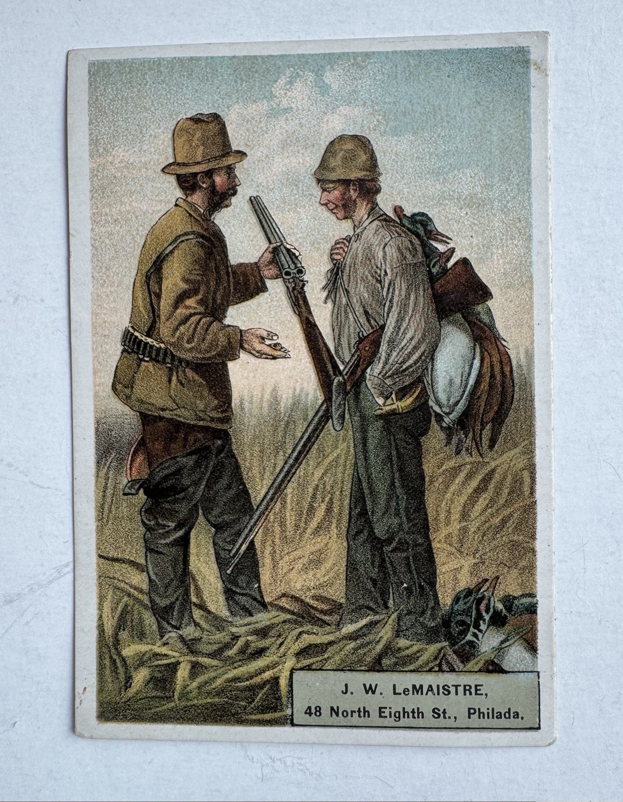 Victorian Trade Card Ad JW LeMaistre Duck Hunter Shot Gun Philadelphia 1881 Nice