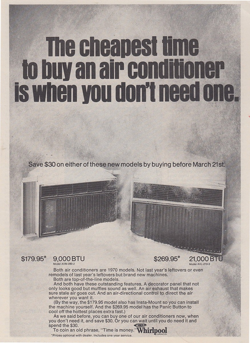 1970 Whirlpool Air Conditioner: Cheapest Time To Buy Vintage Print Ad