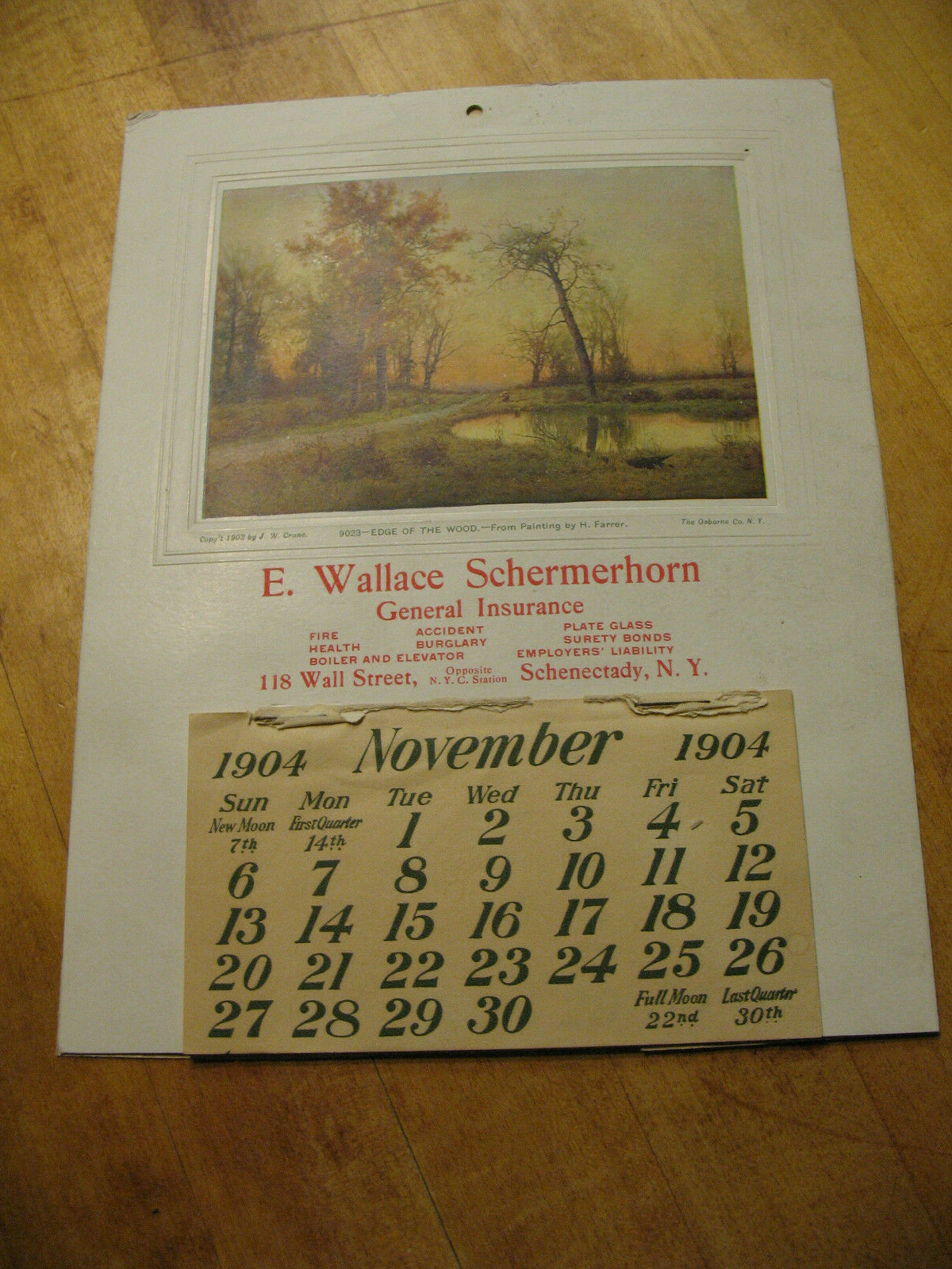 E. WALLACE SCHERMERHORN INSURANCE SCHENECTADY N Y 1904 ORIGINAL CALENDAR