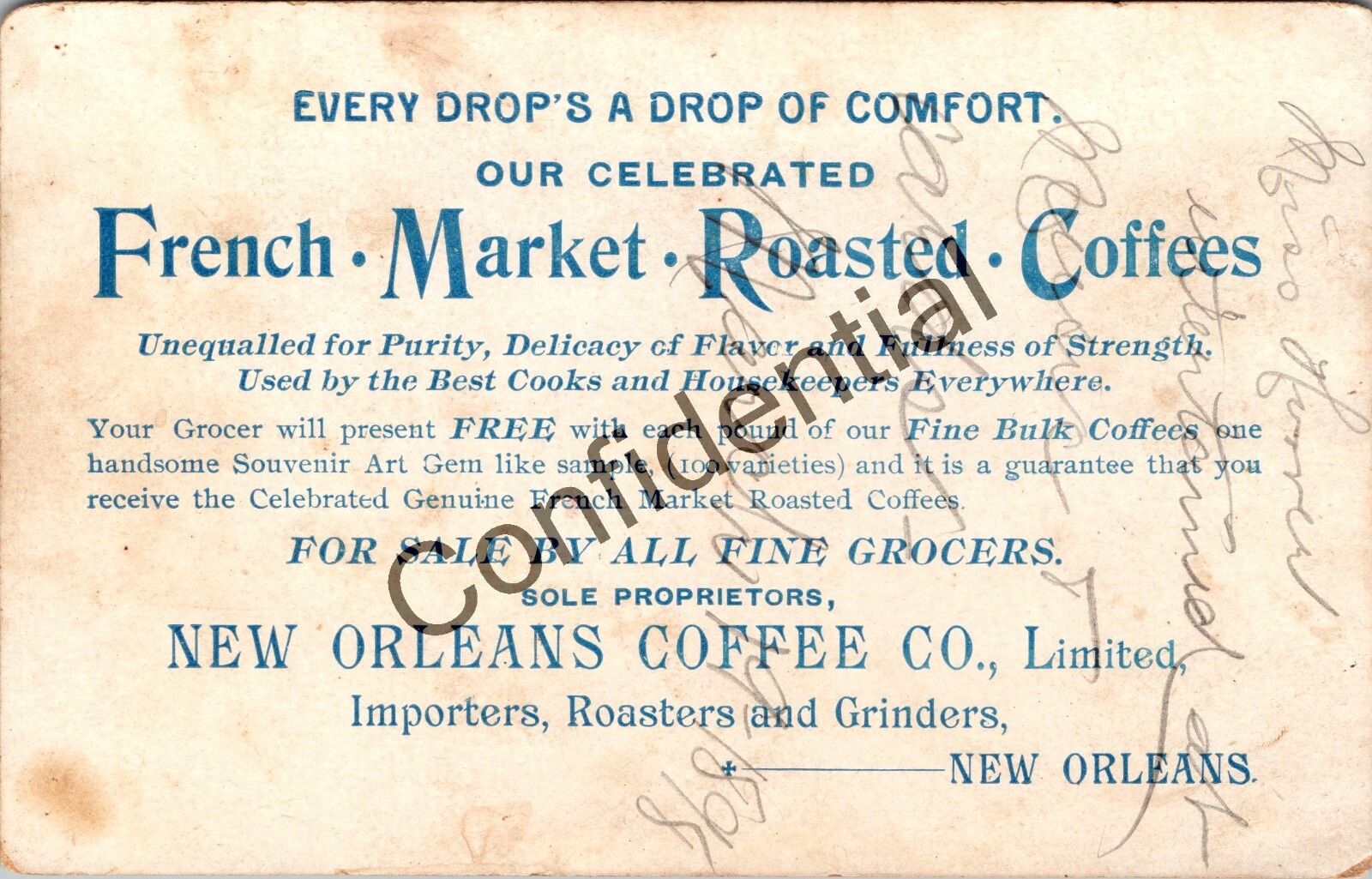 1898 French Roast New Orleans Coffee Co. Louisiana LA Grocers Trade Card O696