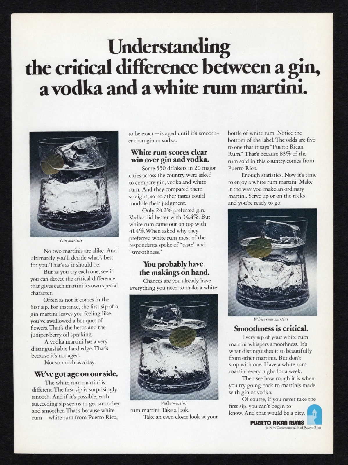 1976 Puerto Rican Rums Difference Between Gin Vodka White Rum Martini Print Ad