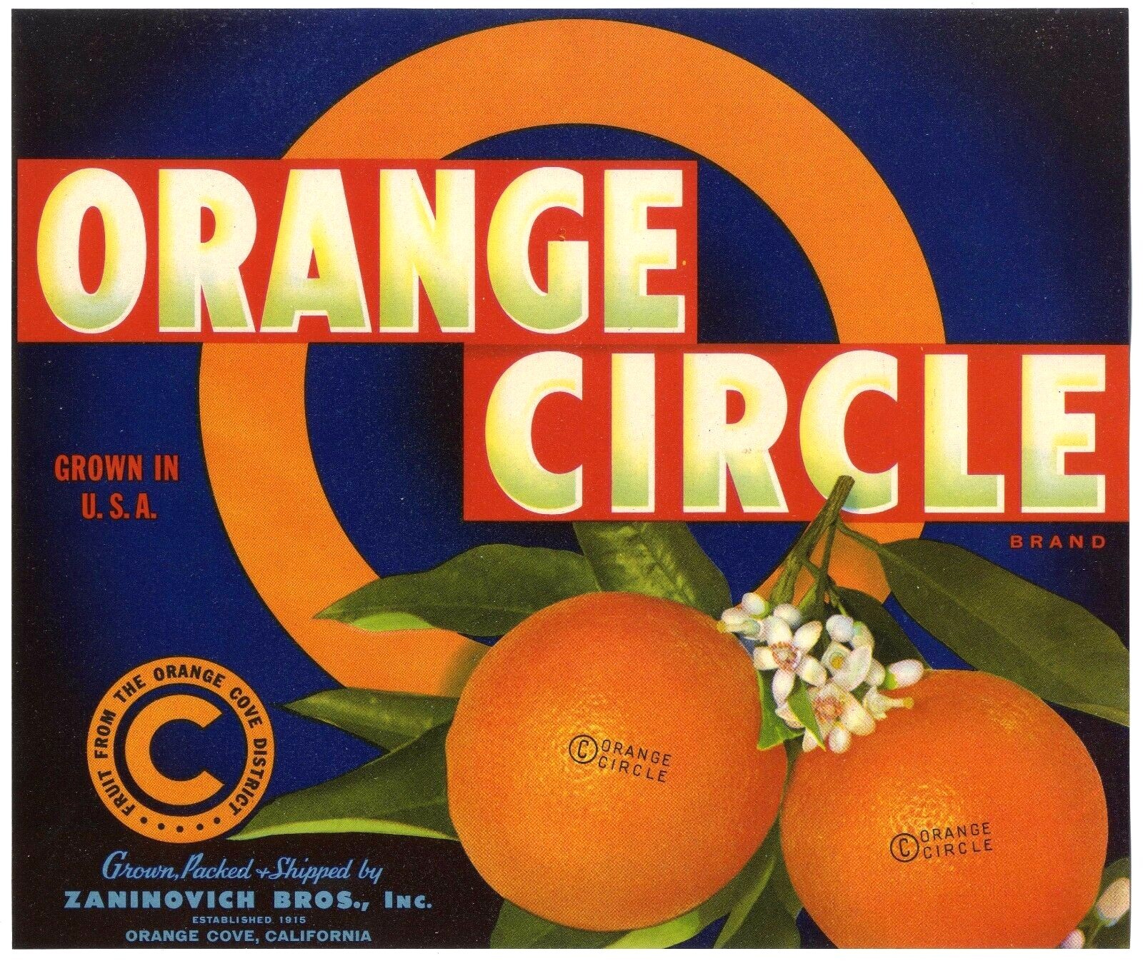 ORANGE CIRCLE~ORIGINAL 1940s ORANGE COVE CALIFORNIA ART DECO FRUIT CRATE LABEL