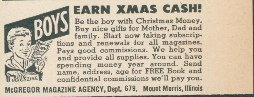 1949 Boys Earn Christmas Cash Gifts McGregor Magazine Agency Mount Morris Ad OR4
