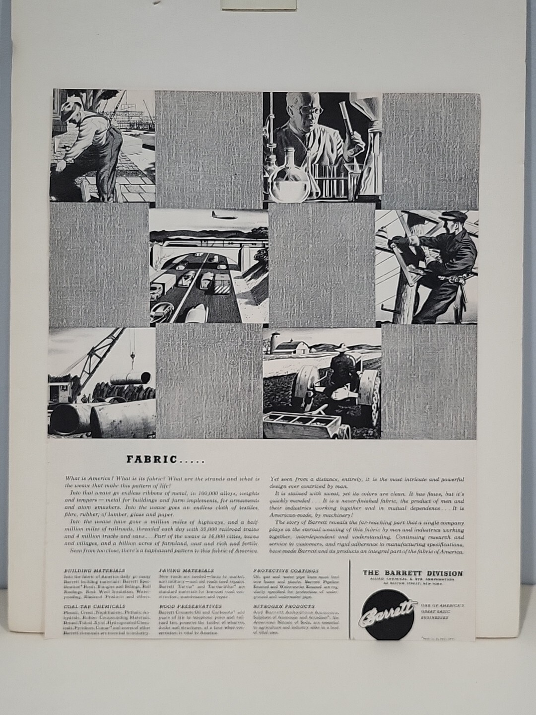 1942 The Barrett Division Fortune WW2 Print Ad Q2 Fabric Chemicals WAR Homefront