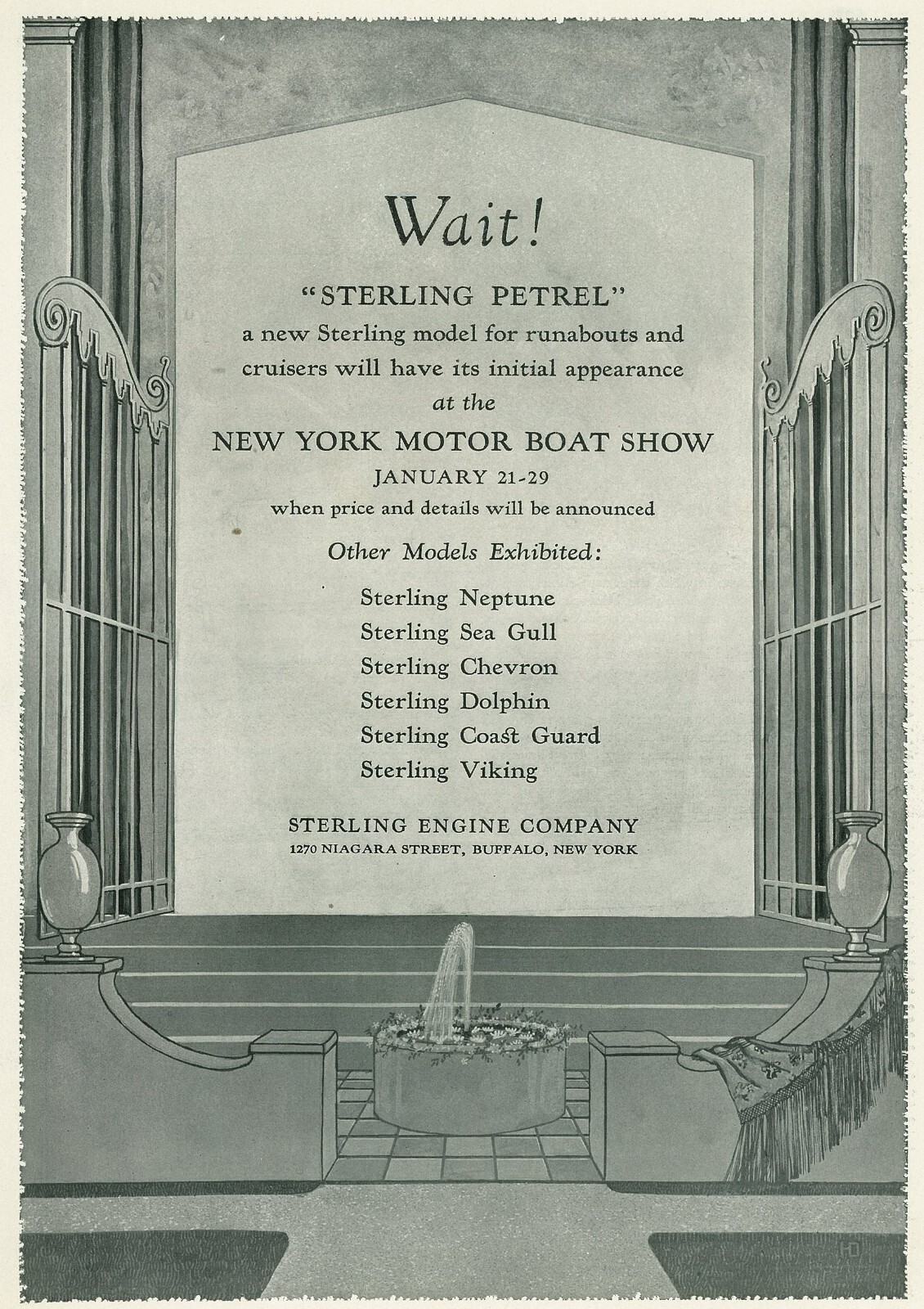 Sterling New York Motor Boat Show 1270 Niagara St Buffalo Vintage 1927 Print Ad