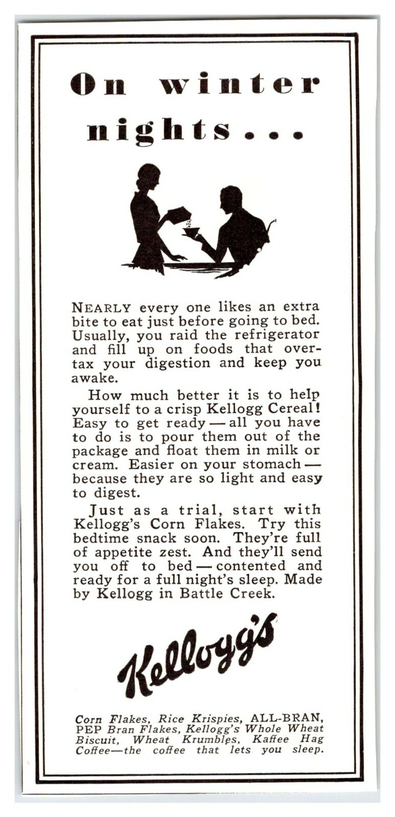 KELLOGG CEREALS ON WINTER NIGHTS Vintage 3″X6″ Magazine Ad Clipping 1930’s M172