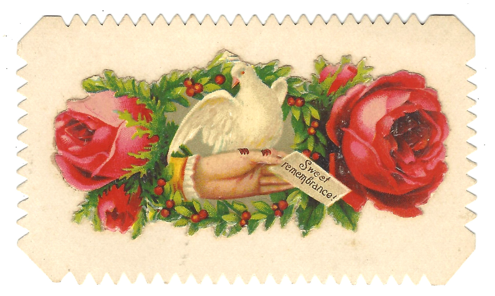 VTG Victorian Embossed Die Cut Sweet Remembrance Gift Card Tag Roses and Dove