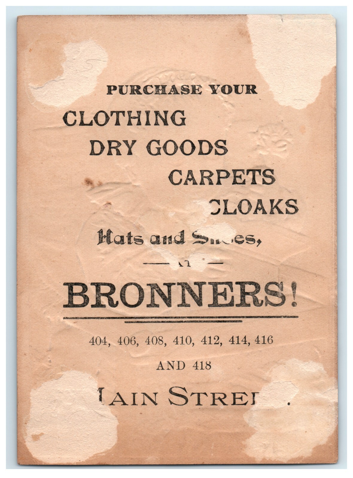 Bronners Clothing Dry Goods Hats Main St. Large Baby Crib Victorian Card