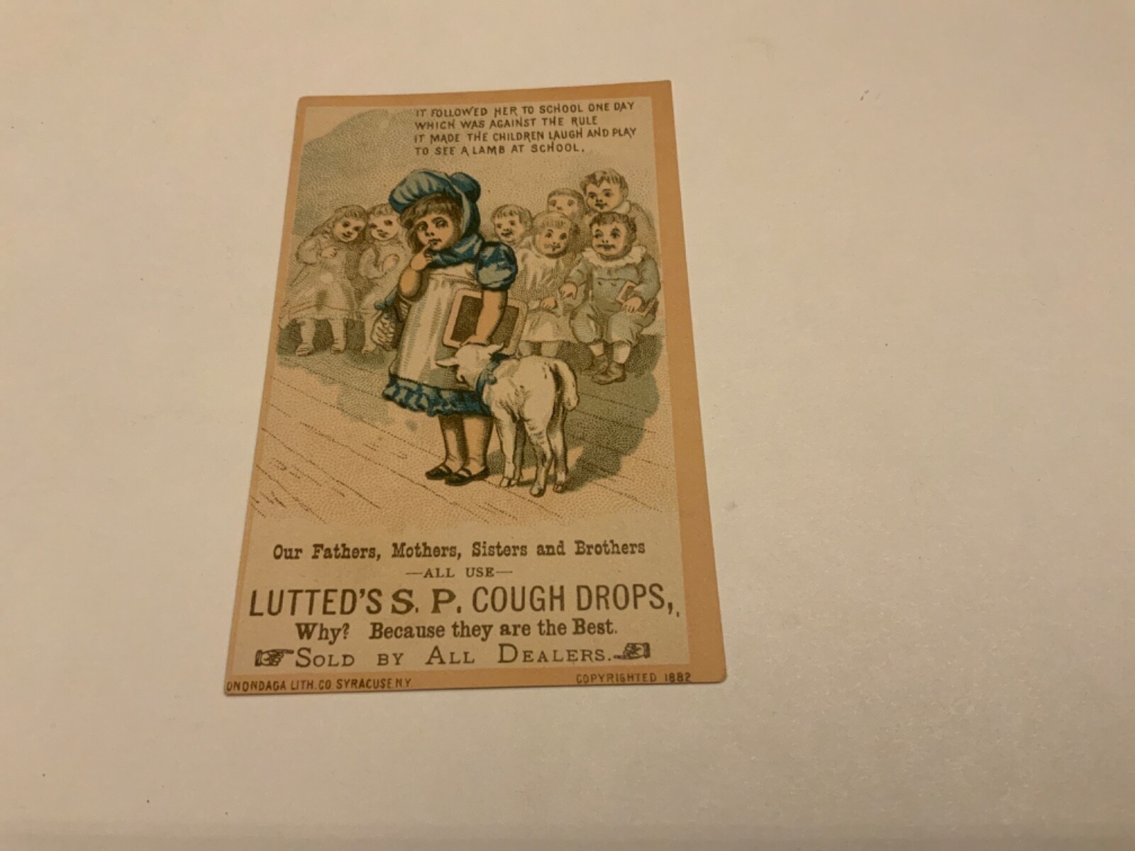 LUTTED’S S.P. COUGH DROPS ~ c.1882 Mary Lamb School Kids – Victorian Trade Card